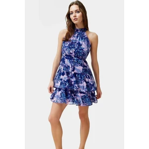 Yazlık Mini Elbise Çok Çiçek Desenli Astarlı Halter Yaka Dokuma Kumaş Günlük Kullanım Için