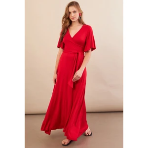 Kadın Kırmızı Kruvaze Bağlamalı Maxi Elbise EY3038