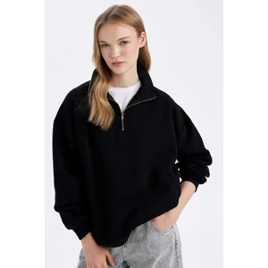 Oversize Geniş Kalıp Fermuarlı Dik Yaka Cepli Basic Düz Kalın Siyah Sweatshirt D7206AX24WN