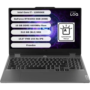 LOQ Intel Core i7 12650HX 16GB 512GB SSD RTX4050 Freedos 15.6" FHD Taşınabilir Bilgisayar 83LK002VTR