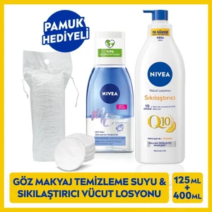 Çift Fazlı Göz Makyaj Temizleme Suyu 125ml ve Q10 Sıkılaştırıcı Vücut Losyonu 400ml, Pamuk Hediye
