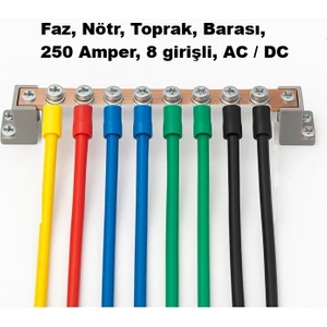 Faz Nötr Toprak Barası 20x4 mm Bakır 8 Civatalı Yanmaz Plastik Ayaklı Bakır Bara 250 Amper AC / DC 5-600 Volt