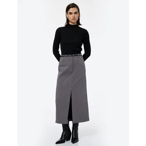 Önden Yırtmaç Detaylı Cepli Kemerli Midi Boy Kalem Etek