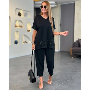 Büyük Beden 2'li Konfor Modeli V Yaka Pul Payet Pantolonlu Şık Siyah Pul Payetli Ikili Alt-Üst Takım
