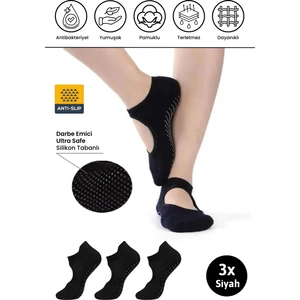 Orijinal Kadın 3 Çift Kaymaz Pilates Ve Yoga Kaydırmaz Tabanlı Plates Bale Dans Çorabı - 3 X Siyah