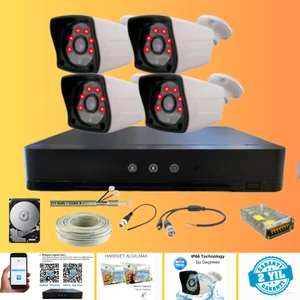 4 Kameralı Kare 4 Dış Kameralı Set 250 GB Harddisk Full Hd Gece Görüşlü Güvenlik Kamerası Sistemi
