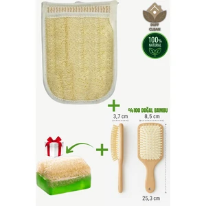 Duff Clean Natural Çift Tarafli Kesesi, Banyo Eldiveni 100% Doğal + Bambu Dişli Şaç Fırçası +Hediye