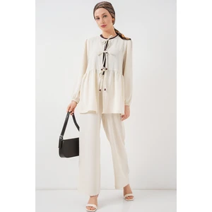 Kadın Önü Bağcıklı Tunik Pantolon Ikili Takım 6744 - Ekru