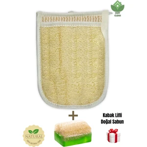 Duff Clean Natural Çift Tarafli Doğal Kabak Kesesi, Banyo Eldiveni, 24 x 17 (Cm)+Kabak Lifli Doğal Sabun Hediye