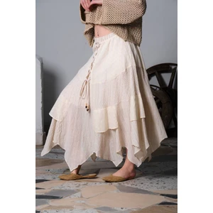 Kadın Tasarım Bağcık Detaylı Uzun Gofre Krem Etek