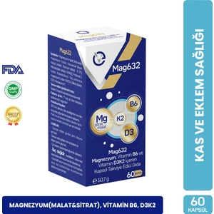 Evo Pharma Mag632 Magnezyum Malat ve Sitrat & Vitamin B6 & Vitamin D3K2 İçeren 60 Kapsül Takviye Edici Gıda
