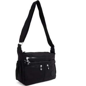 Kadın Suya Dayanıklı Krinkıl Kumaş Çok Gözlü Ayarlanabilir Siyah Çapraz Askılı Omuz Çantası