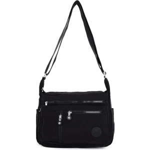 Kadın Orta Boy 7 Bölmeli Suya Dayanıklı Krinkıl Kumaş Siyah Çapraz Askılı Omuz Çantası