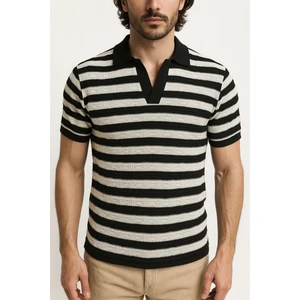 Siyah Beyaz Şeritli Regular Fit Erkek Polo Tshirt