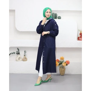 Kadın Cepli Düğmeli Lacivert Kot Kap