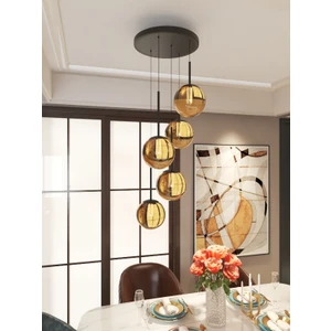 Vega Sarkıt Top Avize Füme Rengi 5’li Glop Camlı, Eskitme Dayanıklı Kasa Modern Şık Tasarım Avize