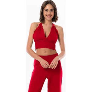 Göcek Bağlama Detaylı Yazlık Müslin Büstiyer Kırmızı Krmz