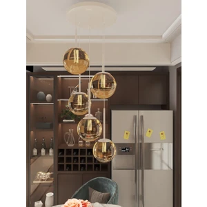 Vega Sarkıt Top Avize Bal Rengi 5’li Glop Camlı, Beyaz Dayanıklı Kasa Modern Şık Tasarım Avize