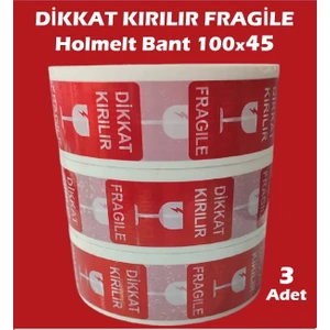 Dikkat Kırılır (Fragile) Yazılı Koli Bandı 100 mt x 4.5 cm Agresif Kolay Bırakmaz Hotmelt Bant ( 3 Adet )