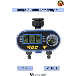 2 Çıkışlı Bahçe Sulama Zamanlayıcısı Şebeke Musluk Uyumlu Pilli Dijital 1 Yıl Garanti