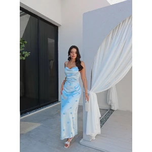 Çiçek Detaylı Saten Elbise