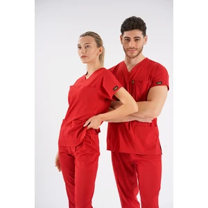 Lion Üniforma Kırmızı Dr. Greys Modeli Likralı Hemşire Forması Yarasa Kol Doktor Scrubs Hastane Takımı