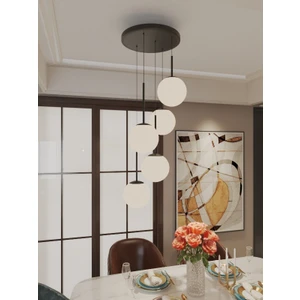 Vega Sarkıt Top Avize Beyaz Renk 5’li Glop Camlı, Siyah Dayanıklı Kasa Modern Şık Tasarım Avize