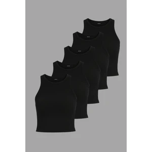 Fitilli Siyah Crop Halter Yaka Sıfır Kol Pamuklu 5'li Kadın Atlet MTLCB93