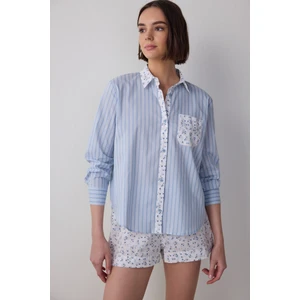 Açık Mavi Lilah Gömlek Yaka Pamuklu Uzun Kollu Şort Pijama Takımı