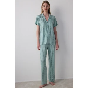 Mint Yeşili Lenna Çizgili Gömlek Yaka Pijama Takımı