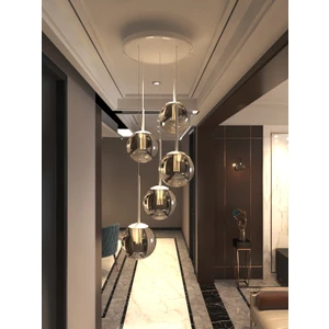 Vega Sarkıt Top Avize Füme Rengi 5’li Glop Camlı, Beyaz Dayanıklı Kasa Modern Şık Tasarım Avize