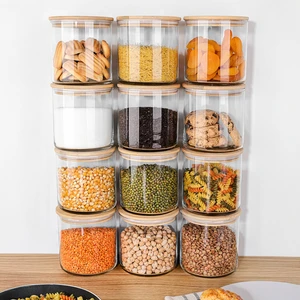 12'li Bambu Kapak Cam Saklama Kabı - Bakliyat Erzak Kavanozu Vakum Kapaklı Cam Kavanoz Seti 680 ml