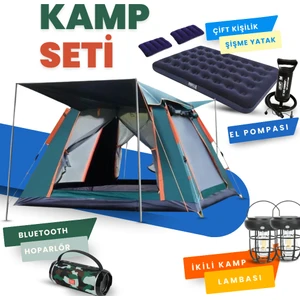 4-6 Kişi Kamp Çadırı Seti Taşınabilir Otomatik 240*240*155+LAMBA+YATAK+YASTIK+POMPA+HOPARLÖR