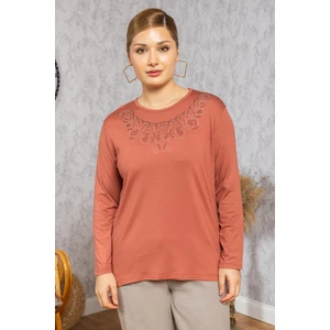 Yeni Model Taş Işlemeli Yuvarlak Yaka Likralı Anne Penye Bluz 6420
