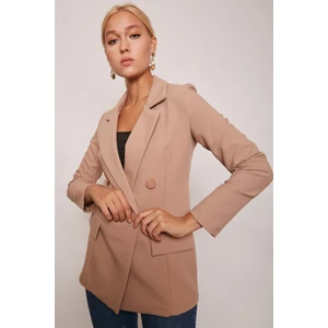 Blazer Düğmeli Uzun Kol Şık Süs Cepli Ofis Ceket-Camel