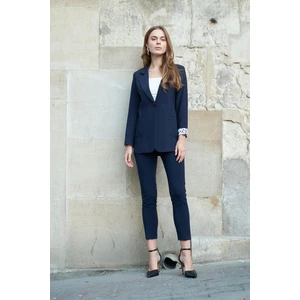 Yakalı Cepli Uzun Kol Katlamalı Blazer Kumaş Ceket-Lacivert