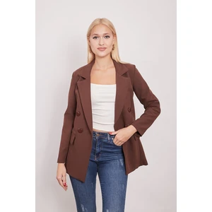 Kadın Düğme Detaylı Uzun Kol Şık Ofis Süs Cep Kapaklı Kumaş Blazer Ceket-Kahve