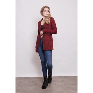 Ekose Desenli Yakalı Uzun Kol Tek Düğme Yünlü Kumaş Blazer Ceket-Bordo Ekose