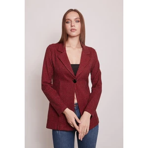 Ekose Desenli Yakalı Uzun Kol Tek Düğme Yünlü Kumaş Blazer Ceket-Kırmızı Pöti Kare
