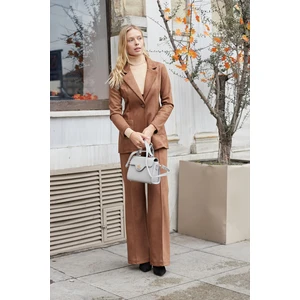 Süet Kumaş Cep Detaylı Düğmeli Şık Blazer Ceket-Taba