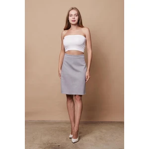 Yüksek Bel Hafif Likralı Kumaş Diz Boy Çan Etek-Gri Melanj