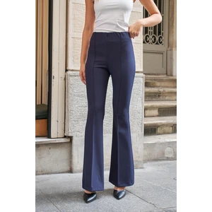 Yüksek Bel Ön Arka Dikişli İspanyol Paça Tayt Likralı Kumaş Pantolon-Lacivert