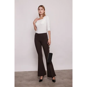 Yüksek Bel Ön Arka Dikişli İspanyol Paça Tayt Likralı Kumaş Pantolon-Kahverengi