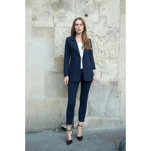 Kalın Kemerli Süs Cepli Bilek Boy Likralı Kumaş Pantolon-Lacivert