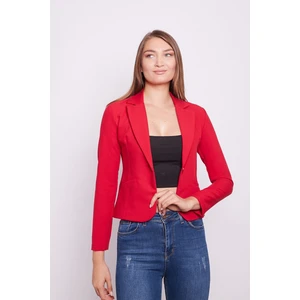 Yakalı Flato Cepli Uzun Kol Pamuklu Kumaş Kısa Blazer Ofis Ceket -Kırmızı
