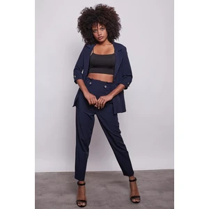 Yüksek Bel Kemerli Pile Ve Düğme Detaylı Şık Kumaş Pantolon -Lacivert