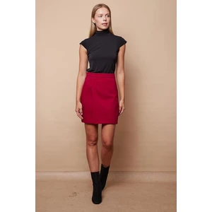 Kadın Hafif Likralı Kumaş Yüksek Bel Anvelop Kruvaze Hafif Mini Kalem Etek-Bordo