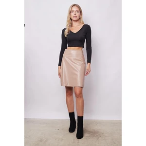 Kadın Hafif Likralı Deri Yüksek Bel Diz Boy Çan Etek-Bej