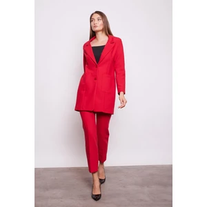 Yüksek Bel Yan Cepli Boru Paça Hafif Likralı Bilek Boy Kumaş Ofis Pantolon-Kırmızı