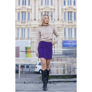 Kadın Hafif Likralı Kumaş Yüksek Bel Anvelop Kruvaze Hafif Mini Kalem Etek-Mor